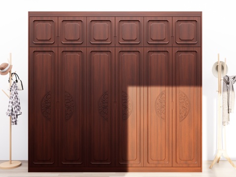 新中式衣柜 中式雕刻柜门 成品衣柜 通顶衣柜 红木原木衣柜su模型