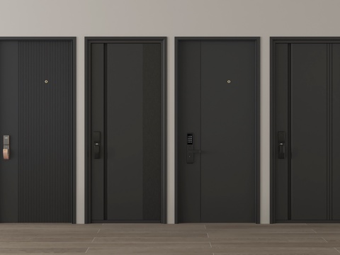 现代防盗门组合  单开门平开门  指纹锁门su模型