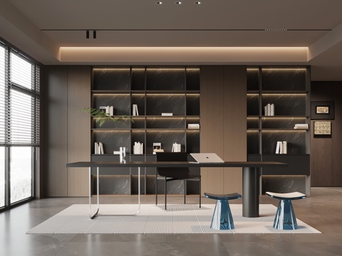 现代意式书房 书柜 书桌椅su模型