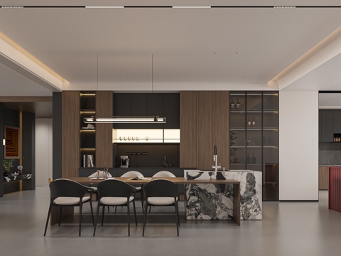  意式轻奢岛台餐厅3d模型 