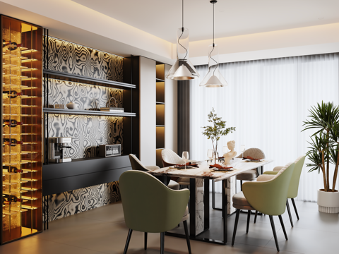 意式现代餐厅 餐边柜 餐桌椅 绿植盆栽 酒柜餐边柜su模型