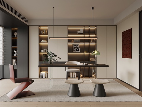 现代意式书房 书柜 书桌椅su模型