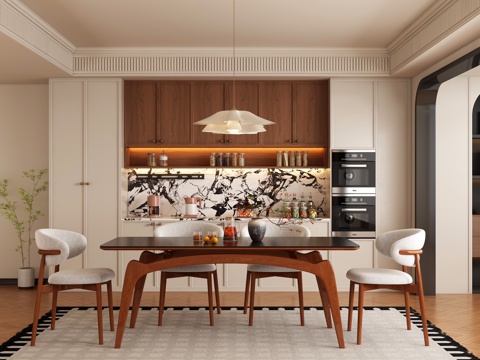  现代中古风餐厅 餐桌椅3d模型 