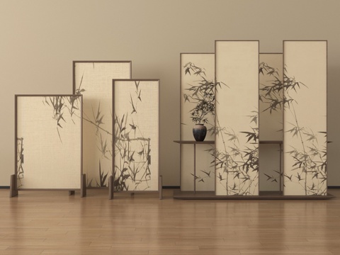 新中式屏风隔断  木屏风 隔断su模型