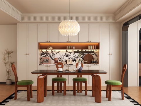  现代中古风餐厅 餐桌椅3d模型 