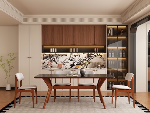  现代中古风餐厅 餐桌椅3d模型 