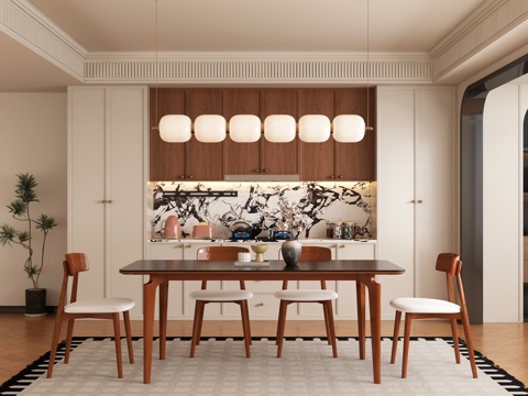  现代中古风餐厅 餐桌椅3d模型 