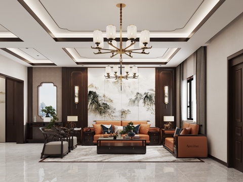  新中式客餐厅3d模型 