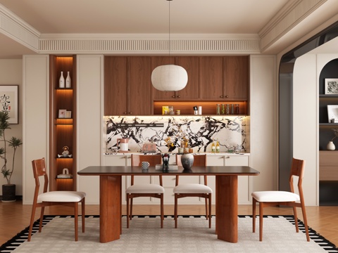  现代中古风餐厅 餐桌椅3d模型 