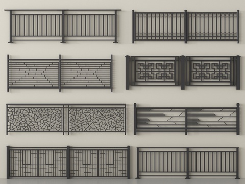 新中式围栏护栏   铁艺栏杆  楼梯护栏su模型