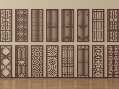 中式屏风隔断  镂空窗格  镂花窗木雕花窗su模型