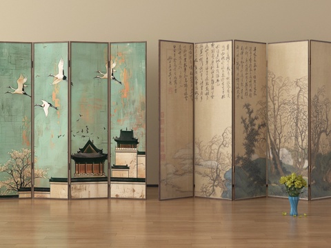 新中式屏风隔断  木屏风 隔断   可折叠屏风su模型