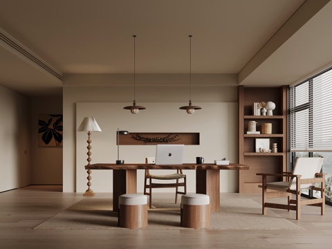 中古风书房 开放式书房 书桌椅 背景墙su模型