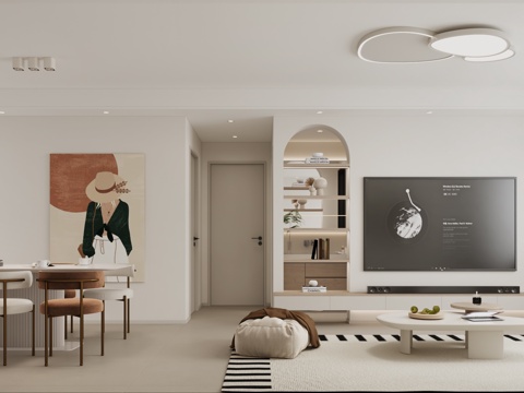  奶油风客餐厅 奶油风家具 奶油风沙发 奶油风餐桌 奶油吸顶灯3d模型 