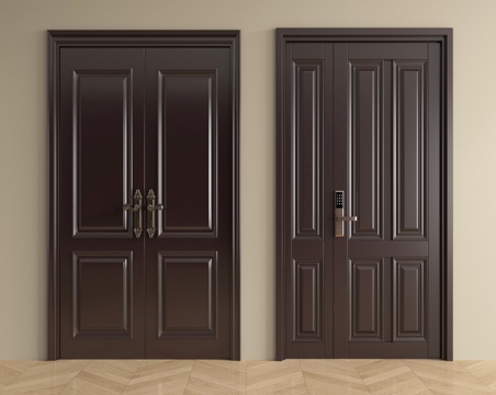 现代防盗门  入户门 子母门   双开门指纹锁门su模型