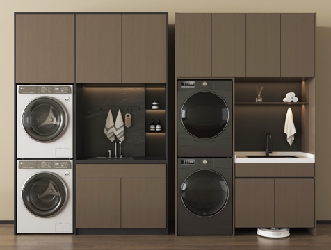 现代洗衣机柜 洗衣机 烘干机 阳台柜 卫浴用品 扫地机器人su模型