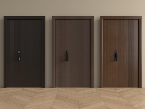 现代防盗门组合  子母门 平开门  指纹锁门su模型