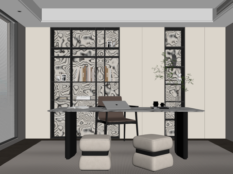 现代书房 书桌椅 书柜su模型