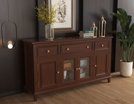 美式餐边柜 边柜 装饰柜 储物柜 绿植 摆件su模型