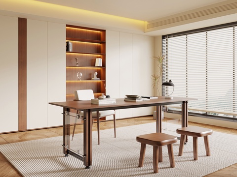 中古风书房 书柜 书桌椅su模型