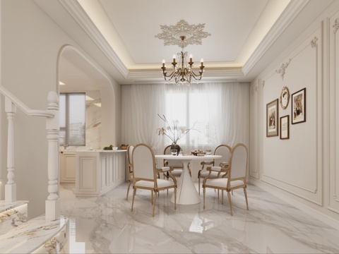  法式餐厅 法式厨房 法式楼梯 法式吊灯 法式餐桌3d模型 