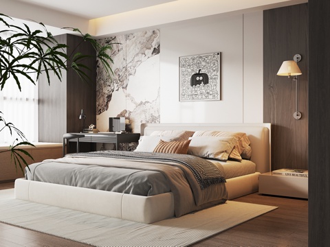 现代卧室 双人床 书桌椅su模型