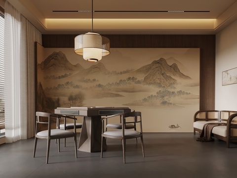 新中式棋牌室 麻将桌 背景墙su模型