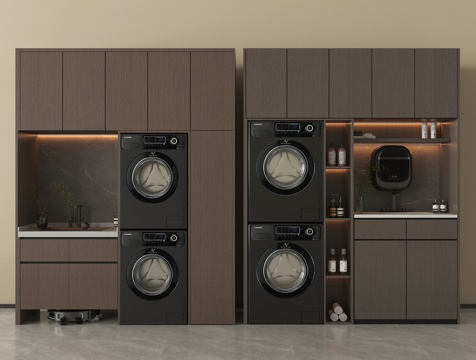 现代洗衣机柜 洗衣机 烘干机 阳台柜 卫浴用品 扫地机器人su模型