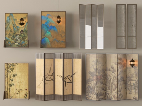 新中式屏风隔断 拉丝屏风 可折叠屏风su模型