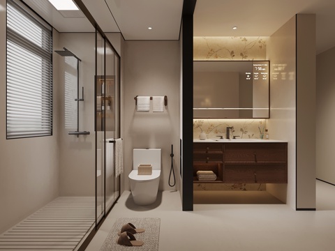  中古风卫生间 干湿分离卫生间 浴室柜 马桶 花洒3d模型 