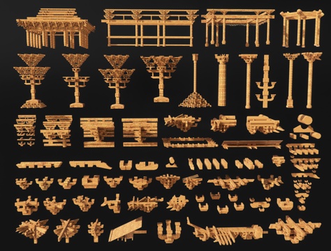 中式斗拱 古建榫卯结构 木梁横梁构件 悬梁结构 古建筑结构su模型