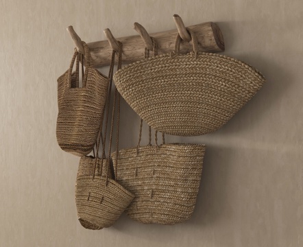 现代墙饰挂件 藤编手提包 藤编菜篓单肩包 衣架衣挂su模型