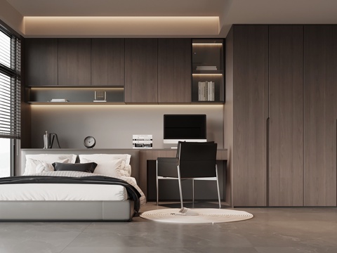 意式榻榻米卧室 双人床 衣柜 书桌椅su模型