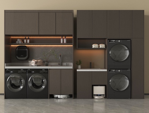 现代洗衣机柜 洗衣机 烘干机 阳台柜 卫浴用品 扫地机器人su模型