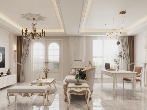  法式客厅 法式书桌 法式壁炉 法式沙发 法式电视柜3d模型 