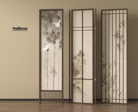 新中式屏风隔断 木屏风 格栅屏风su模型