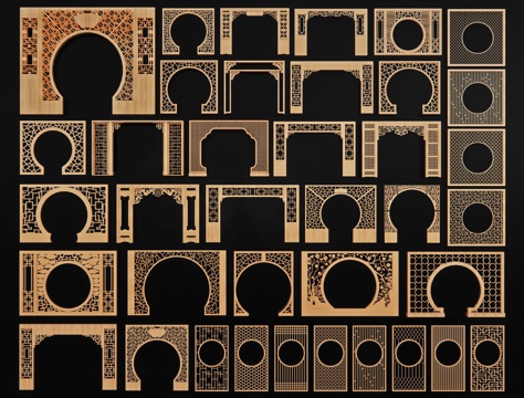 中式月洞门 月亮门隔断 门拱格栅景墙 门洞景墙 拱门墙su模型