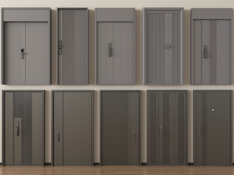 现代防盗门组合  单开门 子母门  平开门指纹锁门su模型