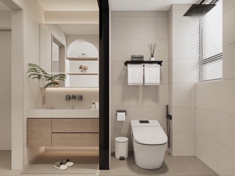  奶油风卫生间 现代卫生间 卫生间伴侣 智能马桶 干湿分离卫生3d模型 