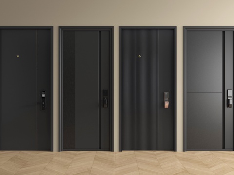 现代防盗门组合 单开门 平开门  指纹锁门su模型