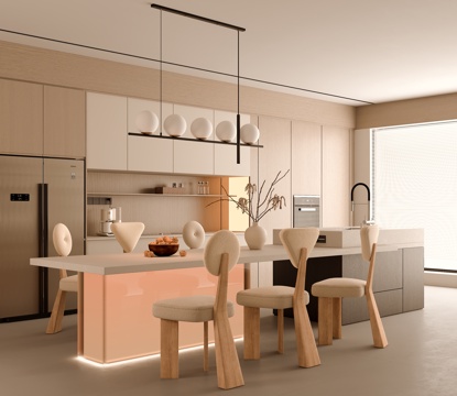 现代奶油风餐厅 中岛餐厅su模型