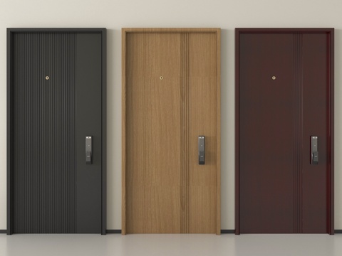 现代防盗门 平开门 入户门 指纹锁门su模型