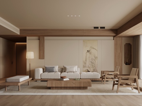 新中式客厅 沙发茶几组合 背景墙su模型