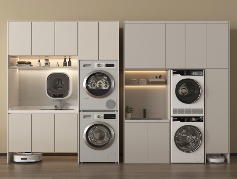 现代洗衣机柜 洗衣机 烘干机 阳台柜 卫浴用品 扫地机器人su模型