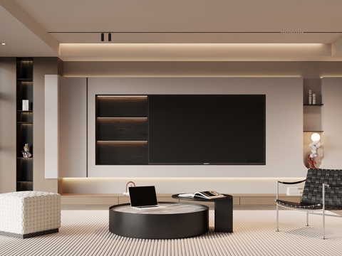 现代意式客厅 电视背景墙 茶几su模型