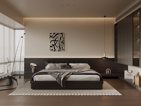 意式卧室 休闲椅 真皮双人床su模型