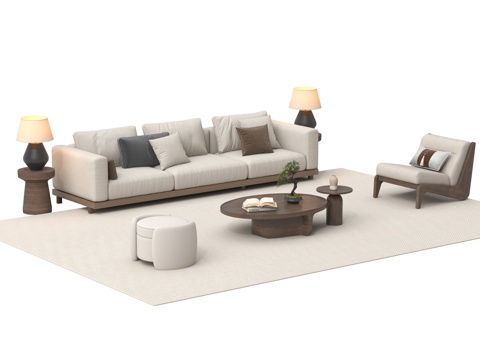 中古风沙发组合 布艺沙发 多人沙发 茶几 单椅 台灯su模型