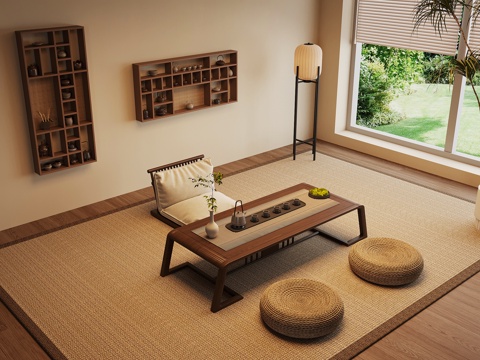 新中式茶室 禅意茶室 茶桌椅 茶柜su模型