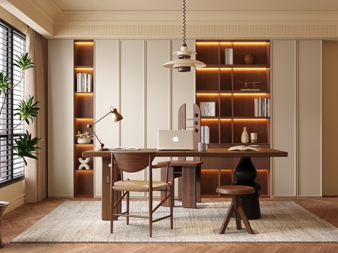 中古书房 侘寂书桌椅 书柜 盆栽 小吊灯su模型