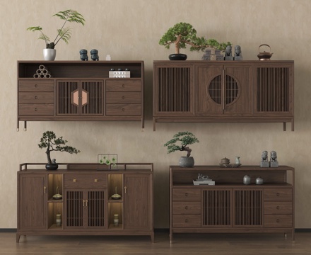 新中式餐边柜 装饰柜 玄关柜 矮柜 茶水柜su模型